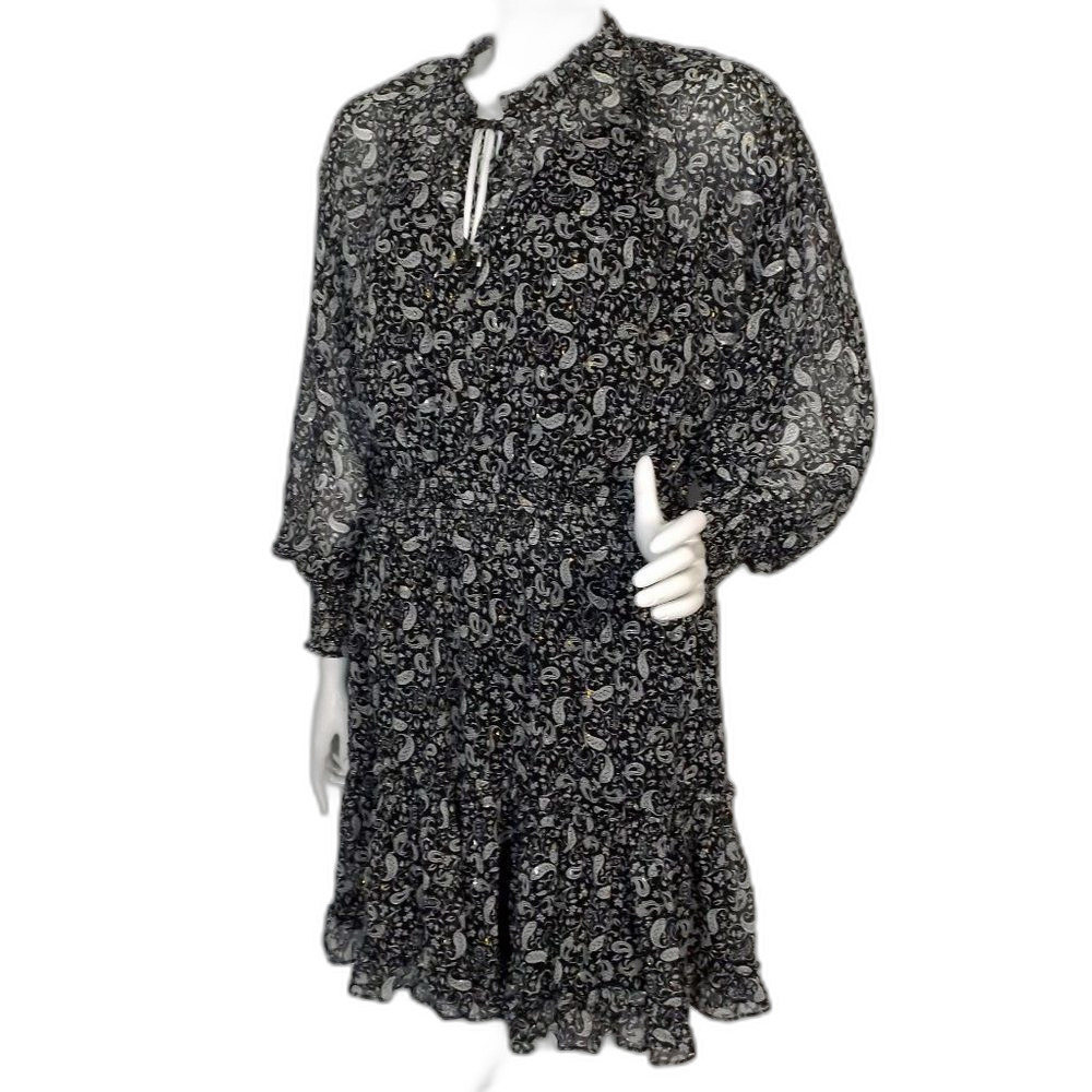 new LOVESTITCH Dress, L, Black/White Paisley, Smocked Waist/Cuffs, Attached Slip - Picture 4 of 15
